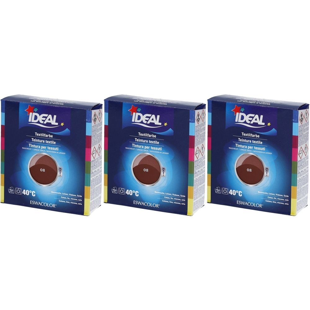 Drei Kartons Textilfarbe. Aufschrift IDEAL, Textilfarbe, Farbton 08 Rotbraun. Temperaturangabe 40°C. Verpackung mit Farbmuster.