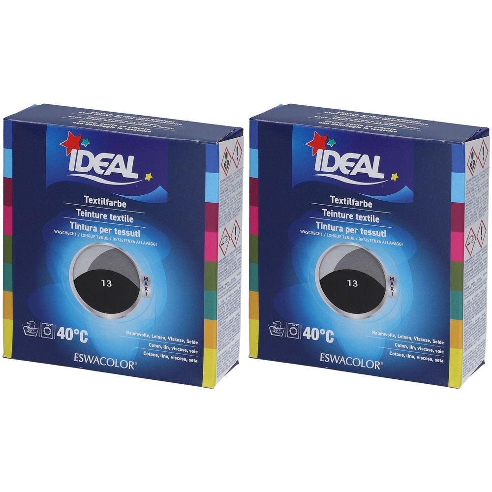 Deux boîtes de teinture textile IDEAL. Inscription : Textilfarbe, Teinture textile, Tintura per tessuti. Couleur noire 13, lavage 40°C.