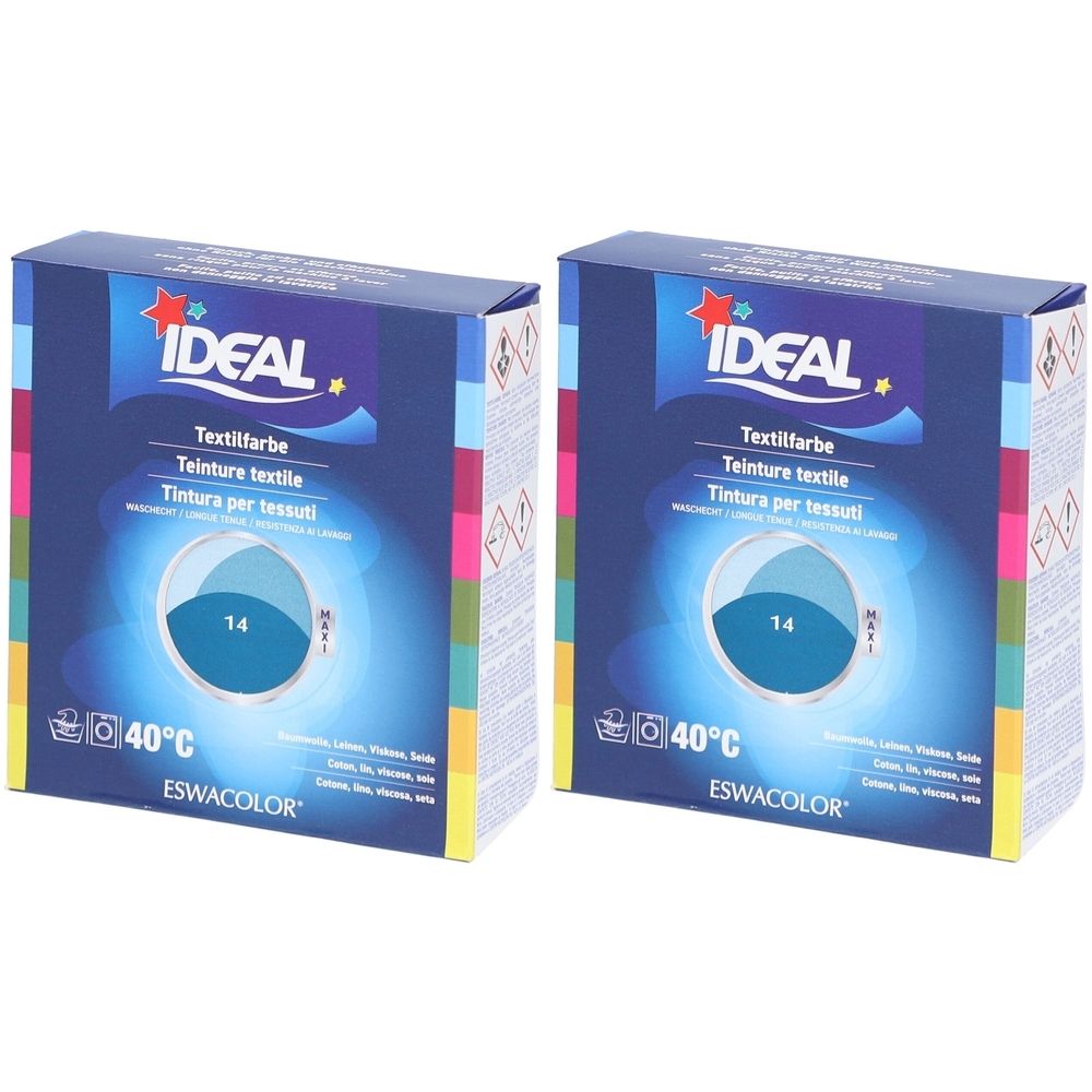 Zwei Kartons Textilfarbe. Aufschrift IDEAL, Textilfarbe, 14. Waschtemperatur 40°C. Marke ESWACOLOR.