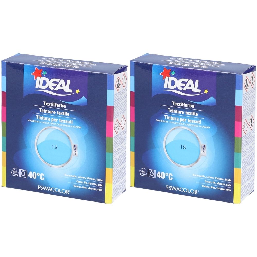 Deux boîtes de teinture textile IDEAL. Inscription Textilfarbe, Teinture textile, Tintura per tessuti. Cercle bleu avec 15. Indication de température 40°C.