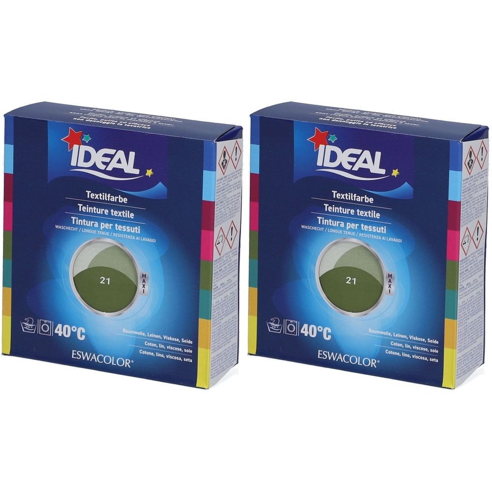 Zwei rechteckige Kartons mit der Aufschrift IDEAL Textilfarbe. Auf der Vorderseite ist eine runde Abbildung der Farbe Khaki mit der Nummer 21.