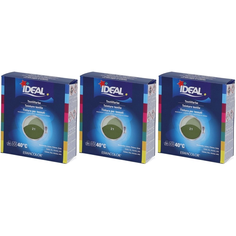 Drei Kartons IDEAL Textilfarbe. Auf den Kartons steht Textilfarbe, Farbe 21 Khaki, 40°C und das Logo IDEAL.
