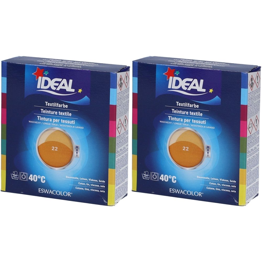 Zwei Kartons Textilfarbe. Aufschrift IDEAL, Textilfarbe, 22. Temperaturangabe 40°C. Farbton Gold. Verpackung mit farbigen Streifen.