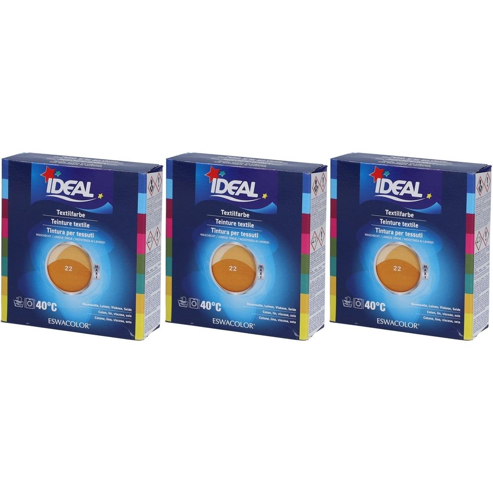Drei Schachteln IDEAL Textilfarbe. Auf jeder Schachtel: Marke IDEAL, Text, Farbton 22, Temperatur 40°C und ESWACOLOR.