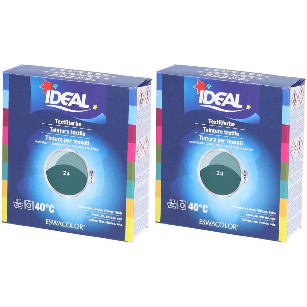 Zwei Schachteln Textilfarbe. Aufschrift IDEAL, Textilfarbe, 24 Tanne. Temperaturangabe 40°C. Marke ESWACOLOR.
