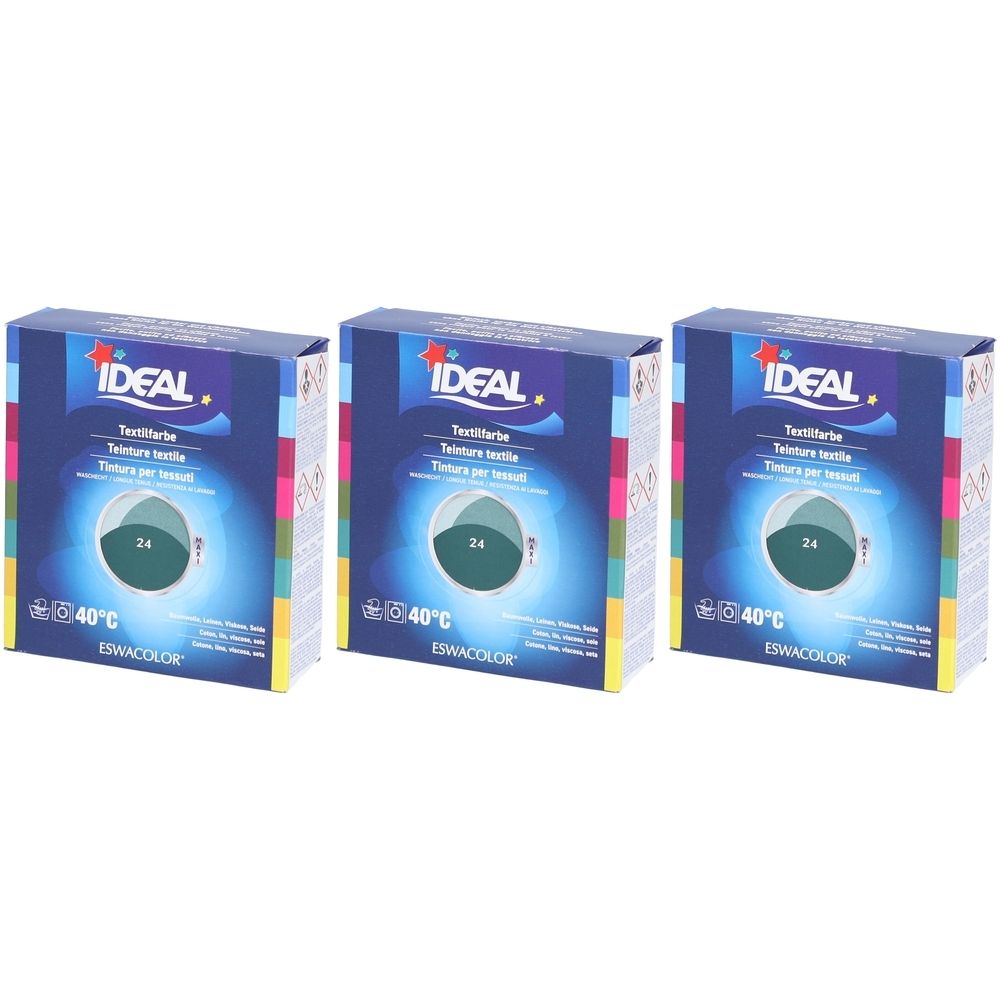 Drei Schachteln IDEAL Textilfarbe. Jede Schachtel zeigt eine runde Abbildung mit der Zahl 24 und dem Hinweis 40°C. Aufschrift: ESWACOLOR.