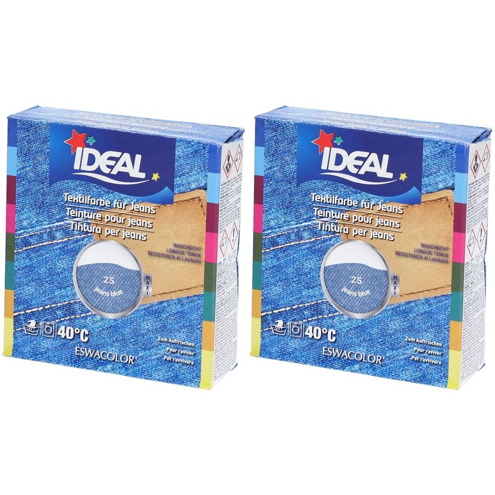 Deux boîtes de teinture textile IDEAL. Inscription : Teinture pour jeans, teinte 25 Jean Blau, 40°C. Emballage avec motif jean et illustration du produit.