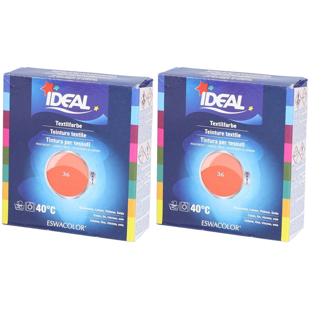 Zwei Kartons Textilfarbe. Aufschrift IDEAL, Textilfarbe, 36 Koralle. Temperaturangabe 40°C. Marke ESWACOLOR.