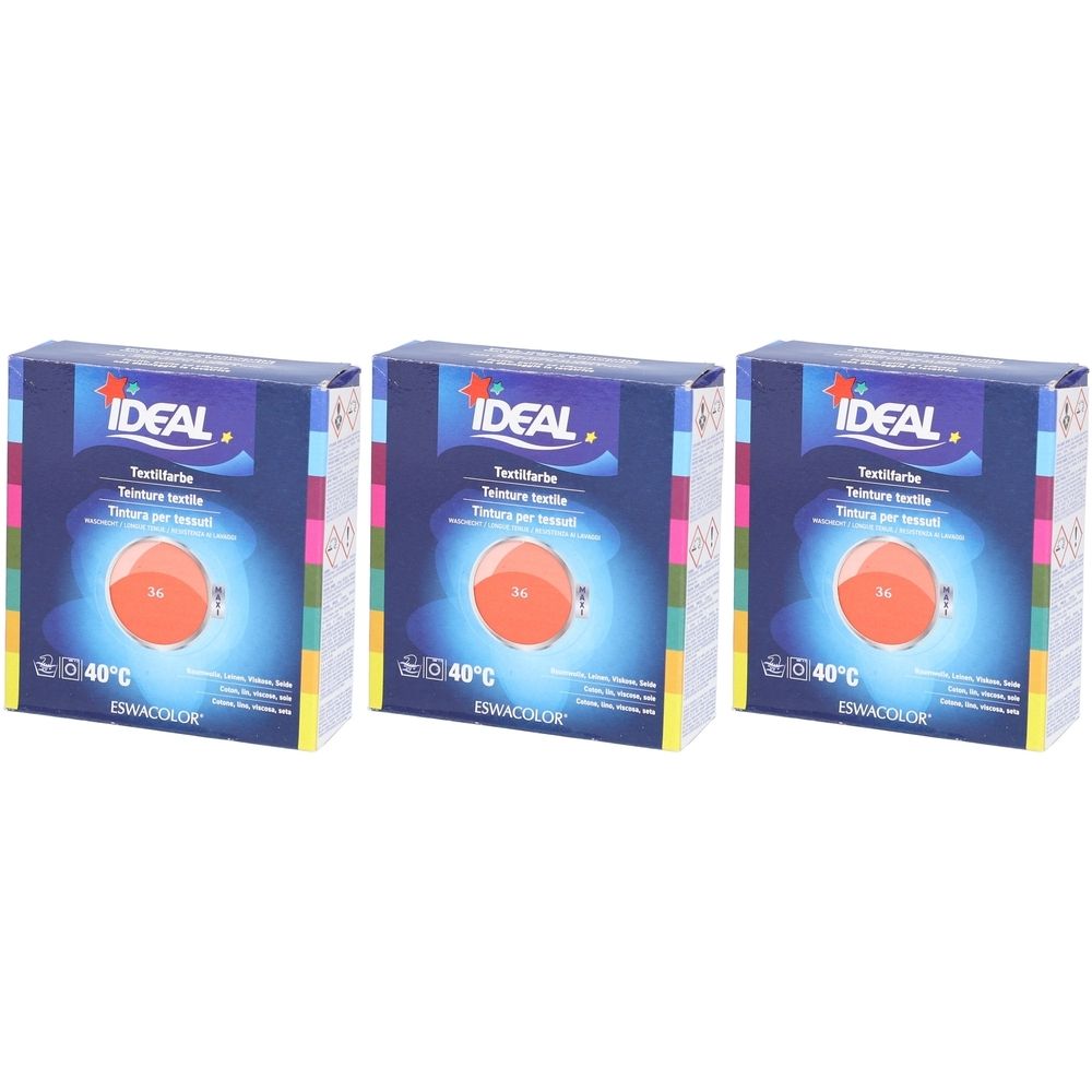 Drei Schachteln Textilfarbe. Blaue Verpackung mit IDEAL-Logo. Aufdruck: Textilfarbe, 36 Koralle, 40°C. ESWACOLOR.