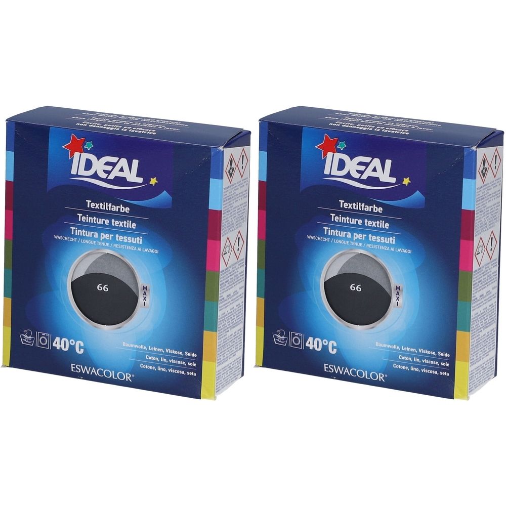 Zwei Kartons IDEAL Textilfarbe. Aufdruck: 66 Schiefer, 40°C. Mehrsprachige Beschriftung. Marke IDEAL. ESWACOLOR.