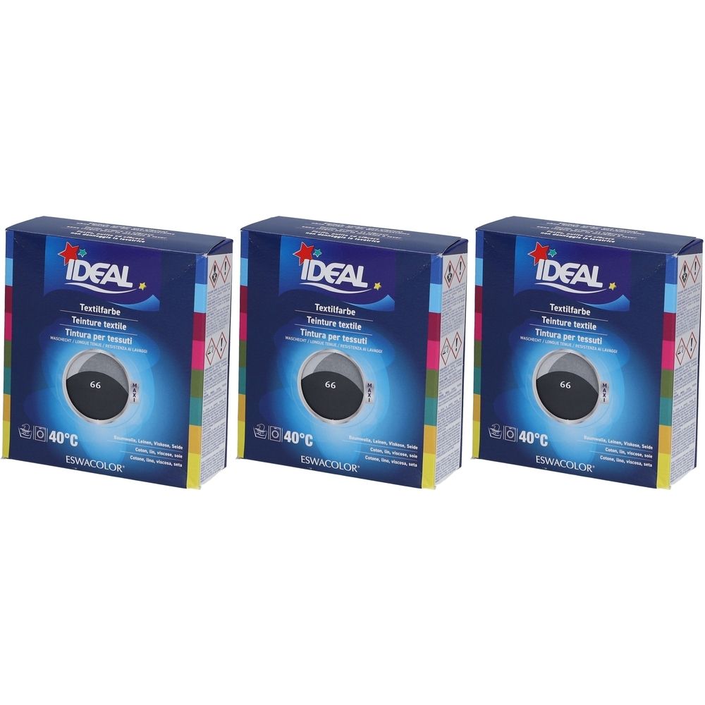 Drei Schachteln Textilfarbe. Auf jeder Schachtel steht IDEAL, Textilfarbe, 66 und 40°C. Mehrfarbige Streifen an den Seiten.