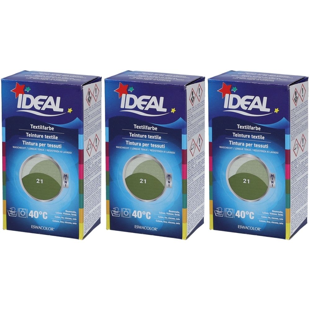 Drei Kartons Textilfarbe. Aufdruck: IDEAL, Textilfarbe, 21, 40°C. Farbton Khaki. Verpackung mit Waschmaschinen-Symbol.