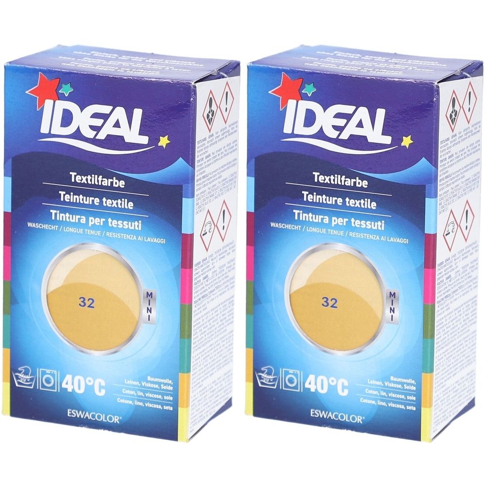 Zwei Schachteln IDEAL Textilfarbe. Aufdrucke: Textilfarbe, 32, 40°C, MINI. Verpackung mit Stern und Logo.