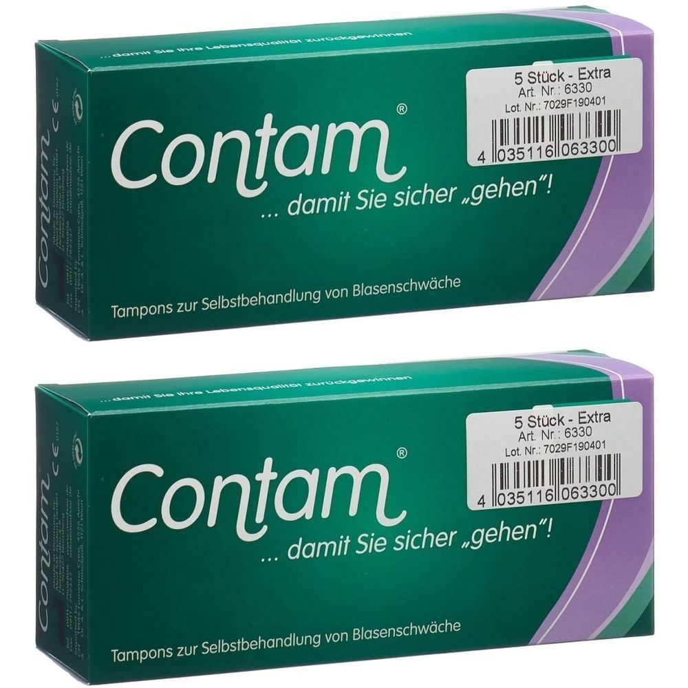 Zwei grüne Schachteln mit "Contam"-Logo und Text. Aufschrift: "5 Stück - Extra". Produkt zur Selbstbehandlung von Blasenschwäche.