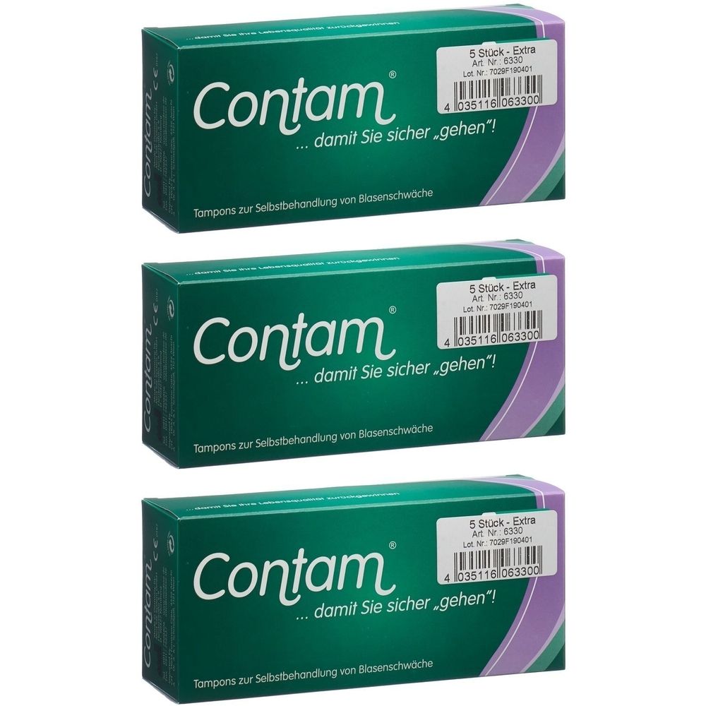 Drei grüne Schachteln mit dem Produktnamen Contam. Auf jeder Schachtel steht "5 Stück - Extra". Text: "...damit Sie sicher gehen!"