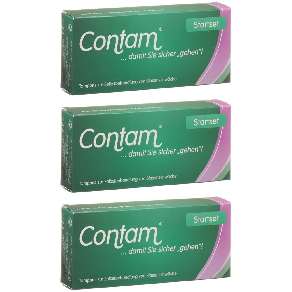Drei grüne Schachteln mit dem Produktnamen Contam und der Aufschrift "Startset". Text: "...damit Sie sicher gehen!" und "Tampons zur Selbstbehandlung von Blasenschwäche".