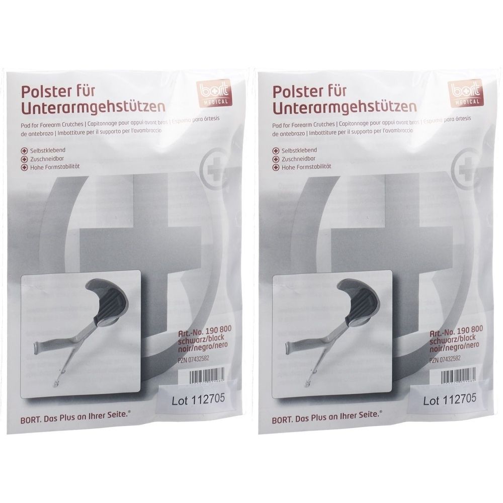 Deux sachets transparents avec coussinets pour béquilles. Impression : BORT, croix, illustration du produit, texte.