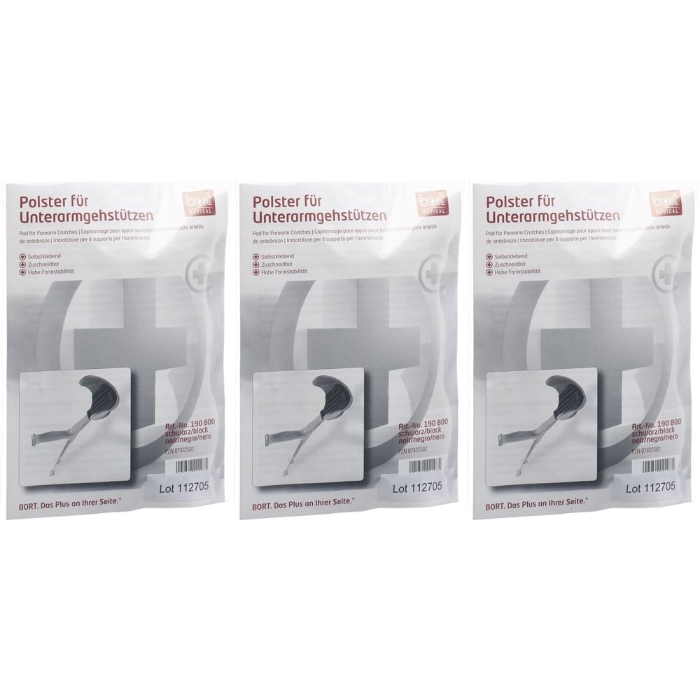 Trois coussins emballés pour béquilles d'avant-bras. Emballage transparent avec image du produit et texte. Numéro de lot 112706.