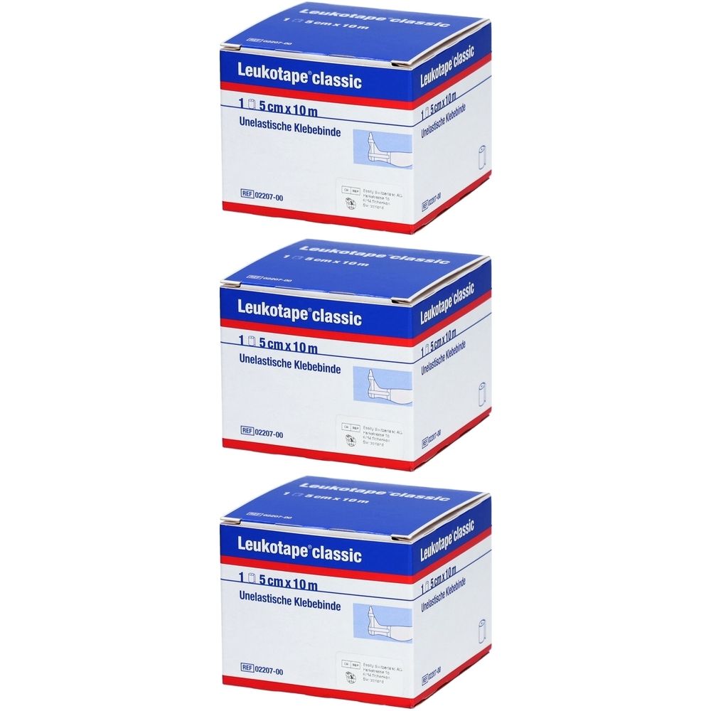 Drei Kartons Leukotape classic. Blaue Deckel, weiße Seiten. Aufschrift: 5 cm x 10 m, Unelastische Klebebinde.