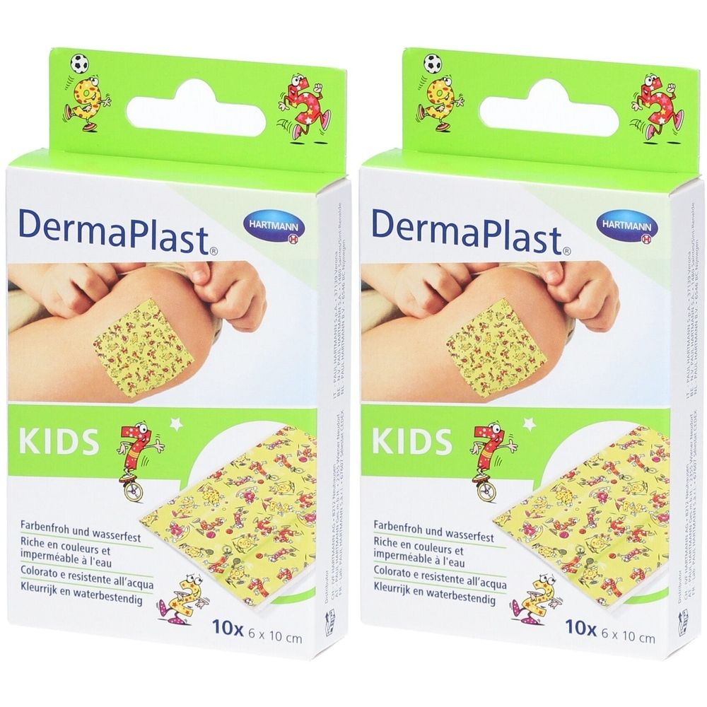 Zwei Packungen Pflaster. Aufdruck: DermaPlast Kids, 10 x 6 cm. Verpackung mit Illustration eines Kindes mit Pflaster.