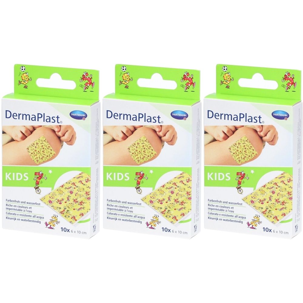 Drei Packungen DERMAPLAST Kids Schnellverband. Jede Packung zeigt ein Pflaster auf einem Kinderarm. Aufdruck: 10x 6 x 10 cm.