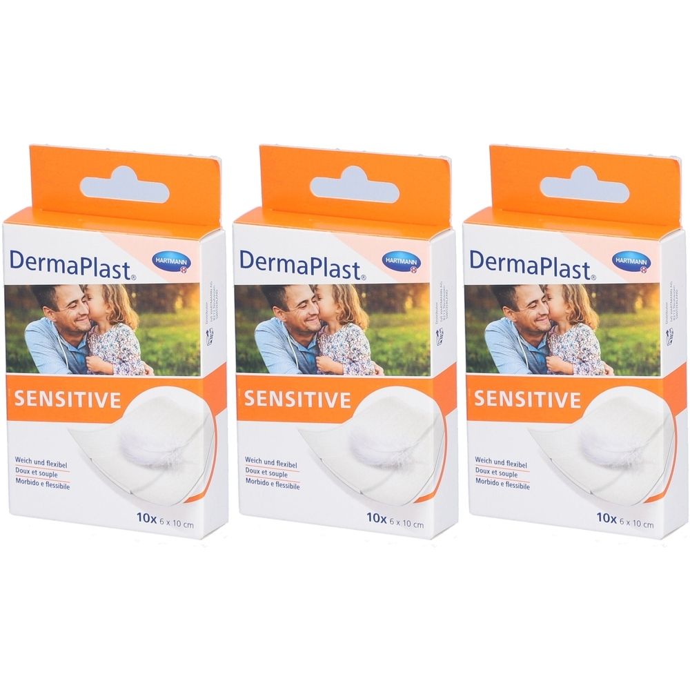 Drei Packungen Dermaplast Sensitive Pflaster. Aufdruck: 10 x 6 cm. Verpackung mit Bild von Vater und Kind.