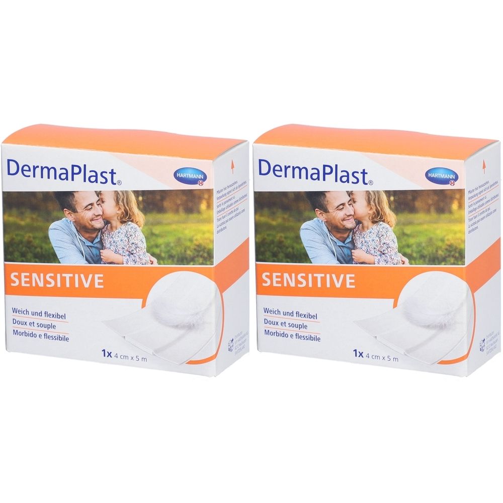 Zwei Kartons Dermaplast Sensitivpflaster. Orange-weiß Verpackung mit Produktabbildung. Aufschrift: Sensitive, weich und flexibel.