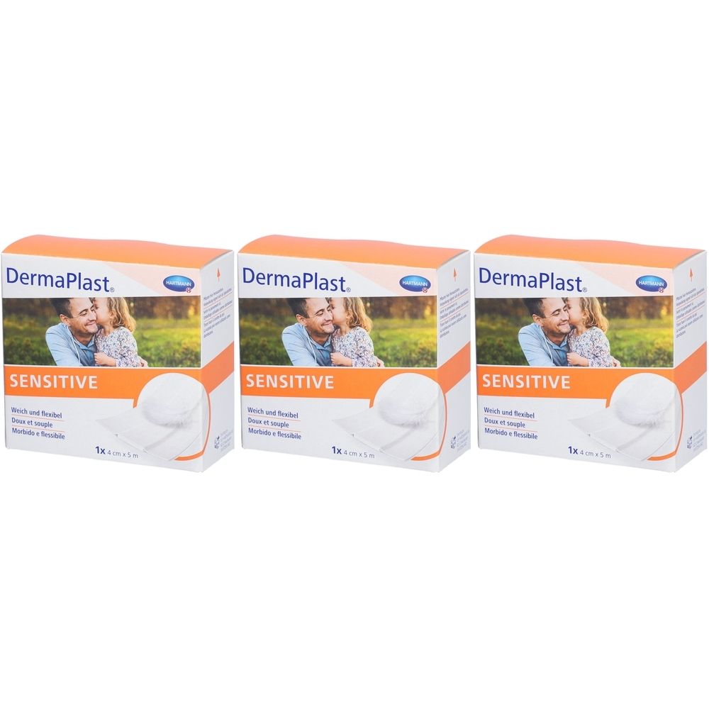 Drei Schachteln DERMAPLAST SENSITIVE. Auf jeder Schachtel: Logo, Produktname, Bild von Vater und Kind. Weiße Rolle abgebildet.