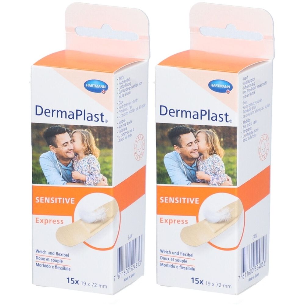 Deux boîtes de DERMAPLAST SENSITIVE Express Strips. Inscription: 15 pièces, 19 x 72 mm. Marque: HARTMANN. Emballage avec photo père et enfant.