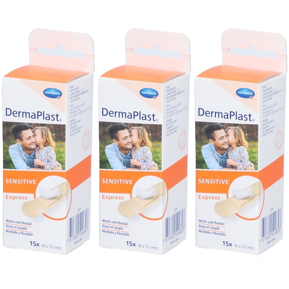 Trois boîtes de DERMAPLAST SENSITIVE Express Strips. Emballage avec image du produit et nom. 15 pièces, 19x72mm.