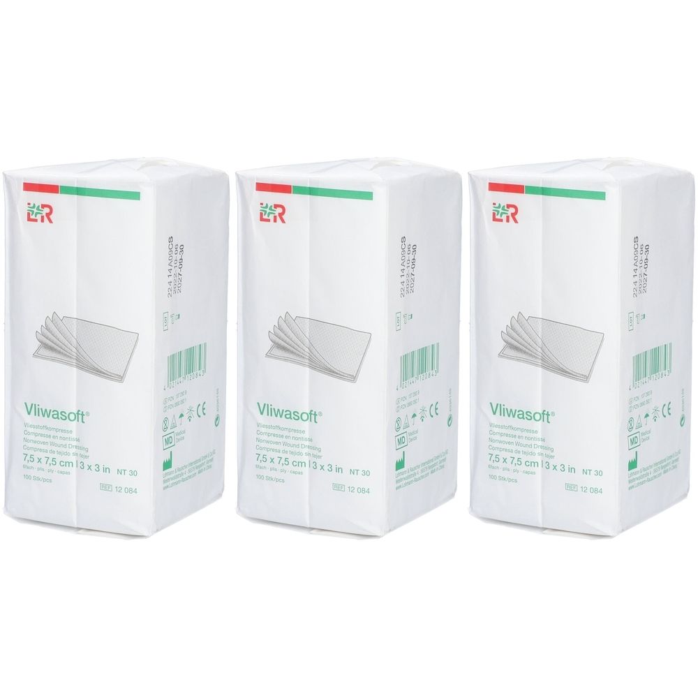 Trois emballages blancs avec logo L&R, inscription Vliwasoft et informations produit. Taille : 7,5x7,5cm.