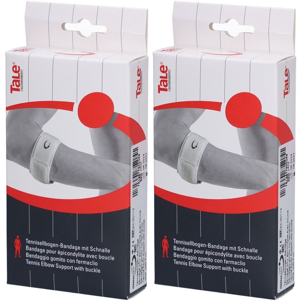 Zwei Produktverpackungen. Auf jeder Verpackung ist eine weiße Epicondylitis-Bandage mit Schnalle abgebildet. Text: Tale, Tennisellbogen-Bandage.