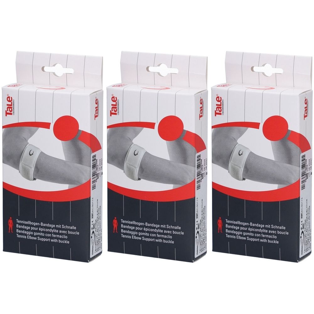 Drei Verpackungen Tale Epicondylitis-Bandage mit Schnalle. Weißes Band am Arm, roter Punkt, schwarze und rote Schrift.