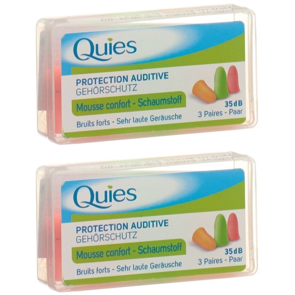 Zwei Packungen Gehörschutzstöpsel. Klare Kunststoffboxen mit Produktinformationen und farbigen Ohrstöpseln. Marke: Quies.