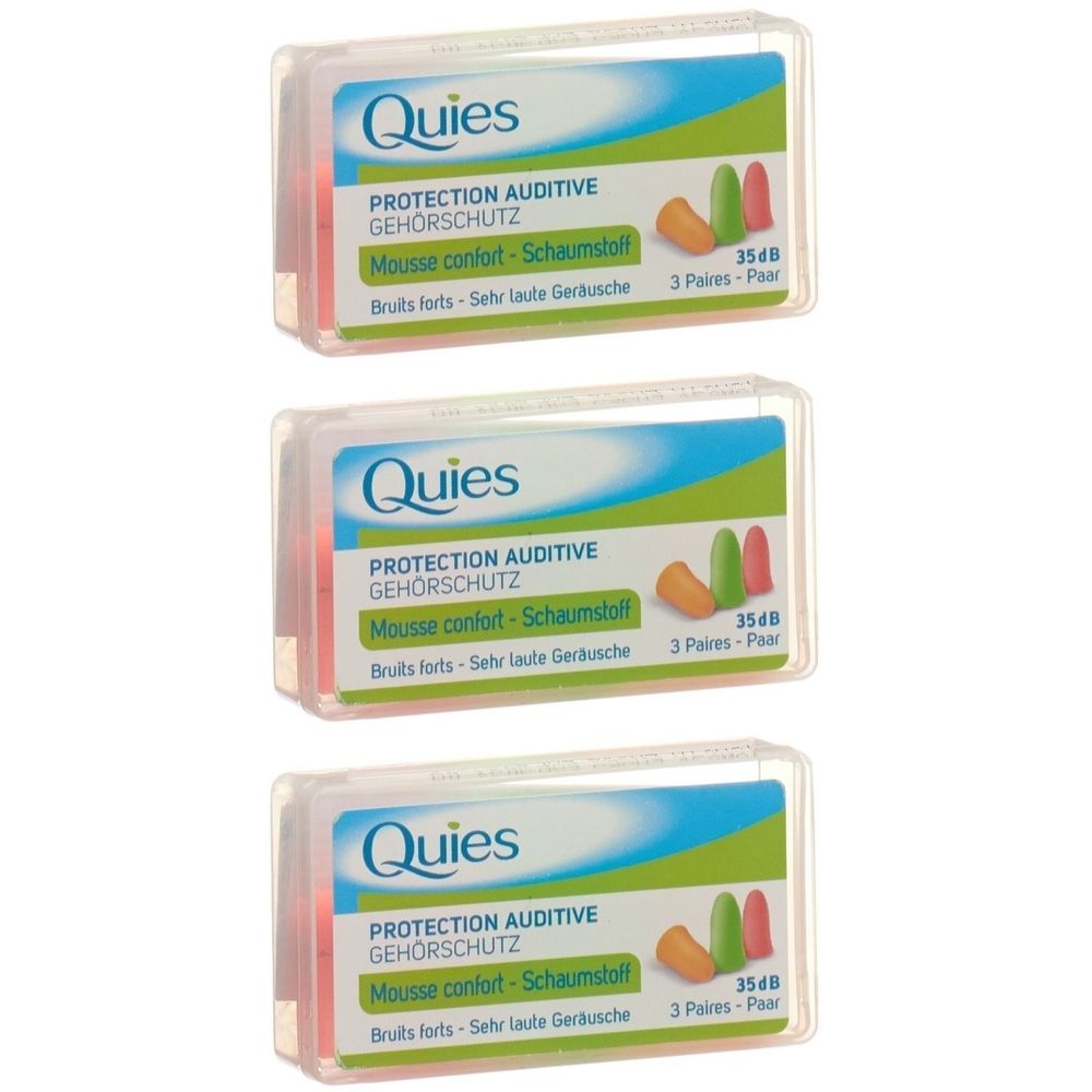 Drei Packungen Gehörschutz. Jede Packung enthält drei farbige Ohrstöpsel. Aufschrift: Quies, PROTECTION AUDITIVE, Mousse confort.