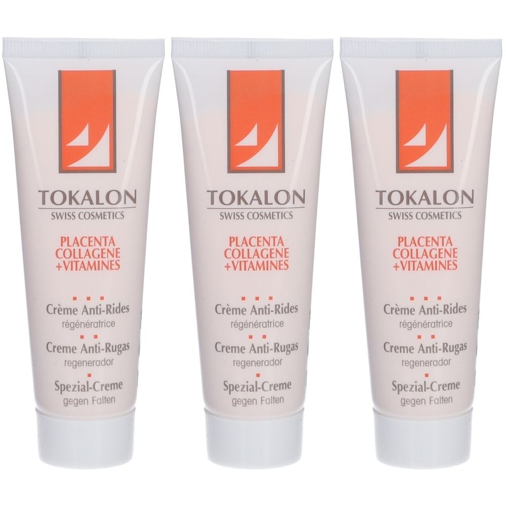 Drei Tuben Creme. Aufschrift: TOKALON, Placenta, Collagene + Vitamines, Crème Anti-Rides, Spezial-Creme gegen Falten.