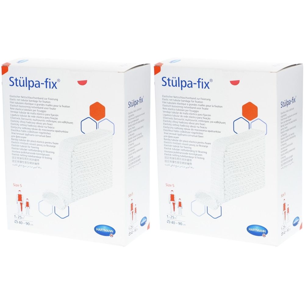 Deux boîtes blanches avec l'inscription Stülpa-fix. L'emballage contient des informations sur le produit et un bandage en filet.
