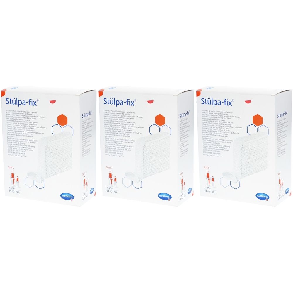 Trois boîtes de bandage tubulaire en filet Stülpa-fix. Emballage blanc avec informations et logo. Inscription : Stülpa-fix.