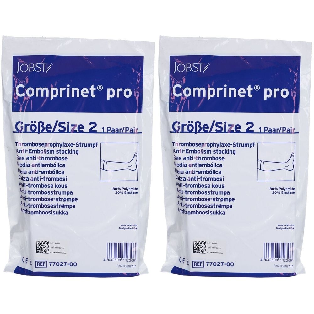 Deux emballages de Comprinet® pro, taille 2, bas anti-embolie. Marque JOBST. Contient 80% polyamide et 20% élasthanne.
