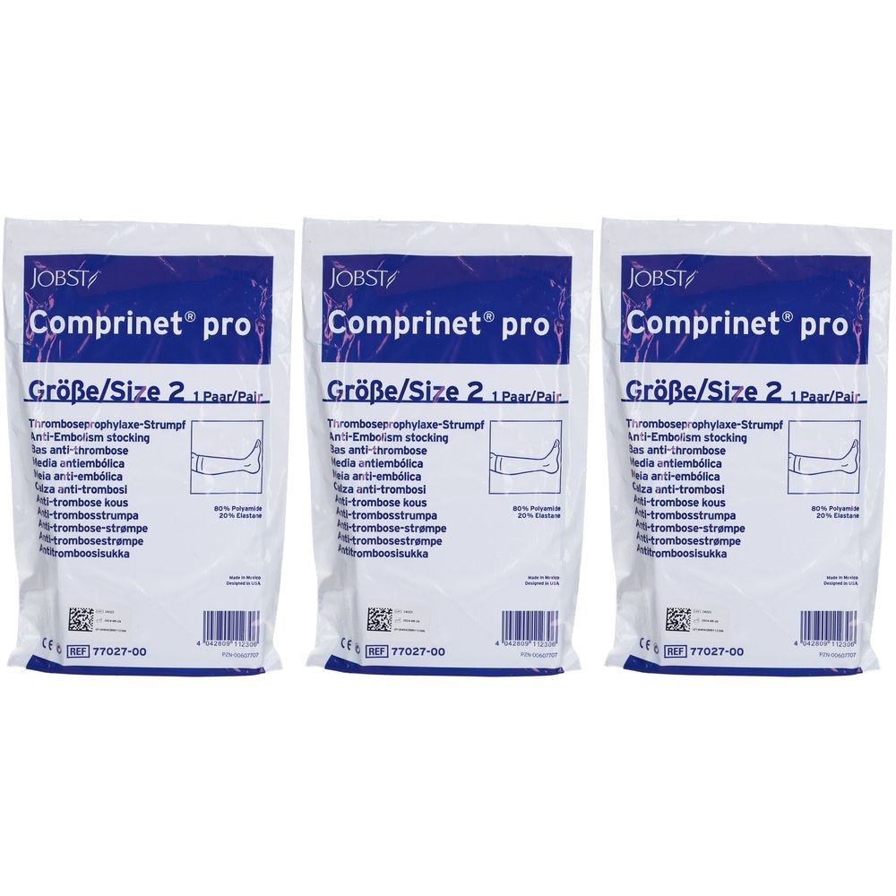 Trois emballages blancs avec "Comprinet pro", taille 2. Ils affichent un symbole de jambe et la marque JOBST.