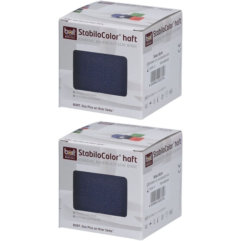 Deux boîtes de bandage BORT StabiloColor haft. Matériau bleu visible. Inscriptions : StabiloColor haft, BORT Medical.