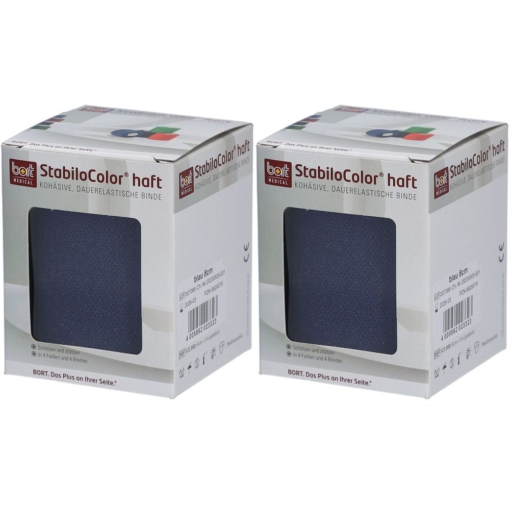 Zwei Kartons BORT StabiloColor haft Binde. Blaue Binde durch Fenster sichtbar. Text: StabiloColor haft, komasive, dauerelastische Binde.