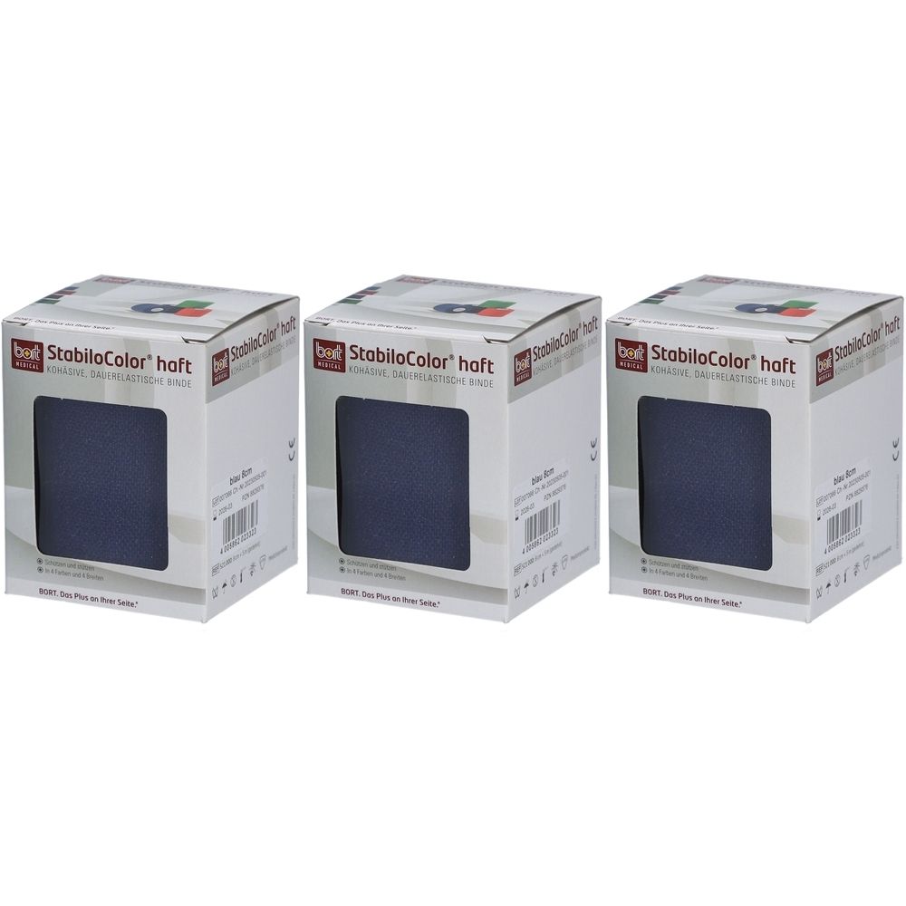 Drei quadratische Kartons mit blauem Stoff. Aufschrift: StabiloColor haft. Marke: bort. Farbiger Stoff in Verpackung.