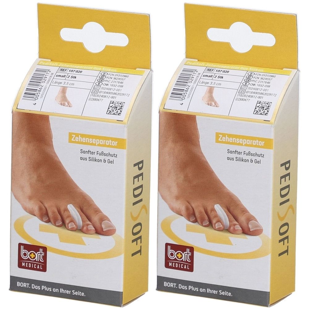 Zwei Verpackungen mit Zehenseparatoren. Aufdruck: PediSoft, bort MEDICAL. Produktabbildung mit Fuß und Zehenseparator.