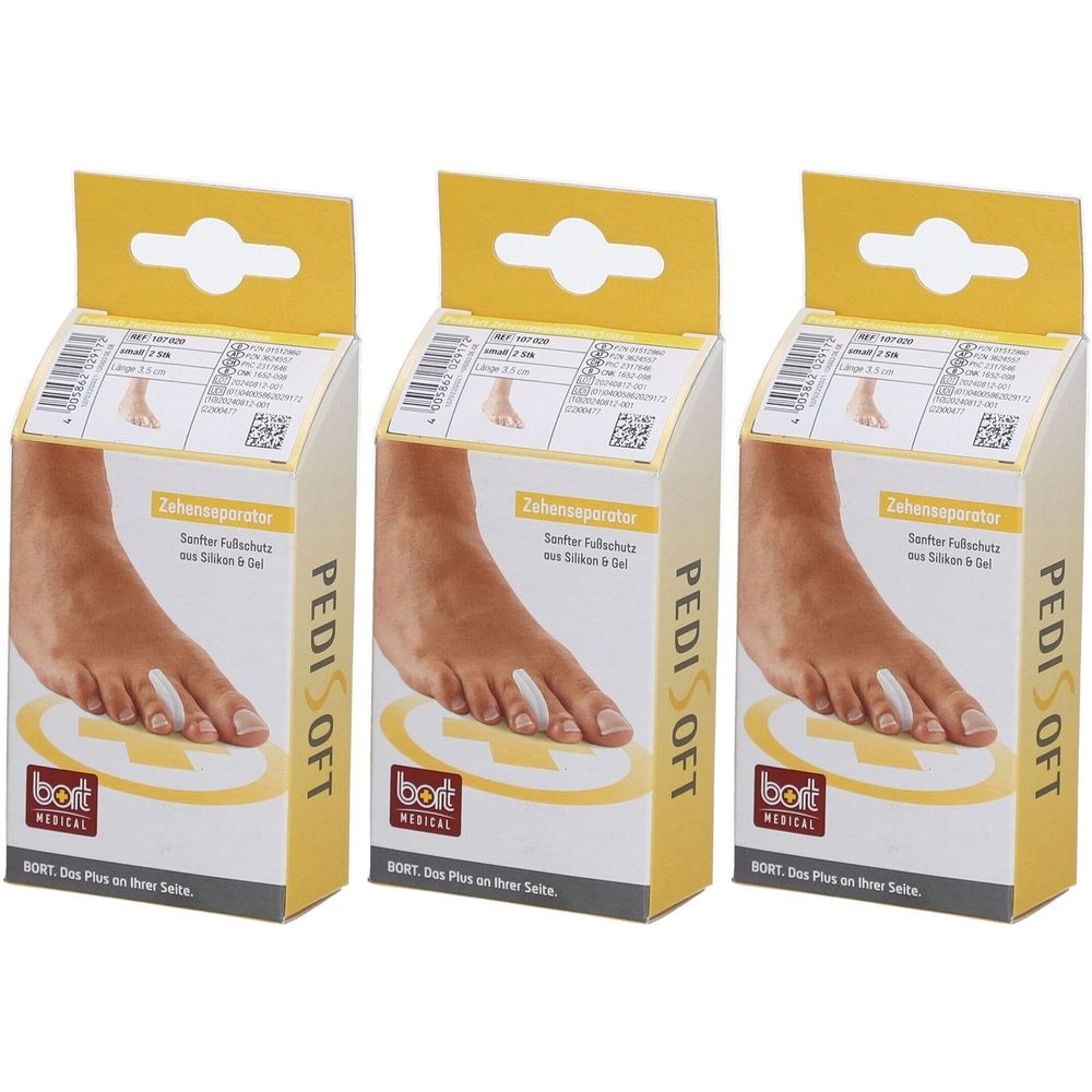 Drei Produktverpackungen. Auf jeder Schachtel ist ein Fuß mit Zehenspreizer abgebildet. Aufdruck: PediSoft, Bort Medical.