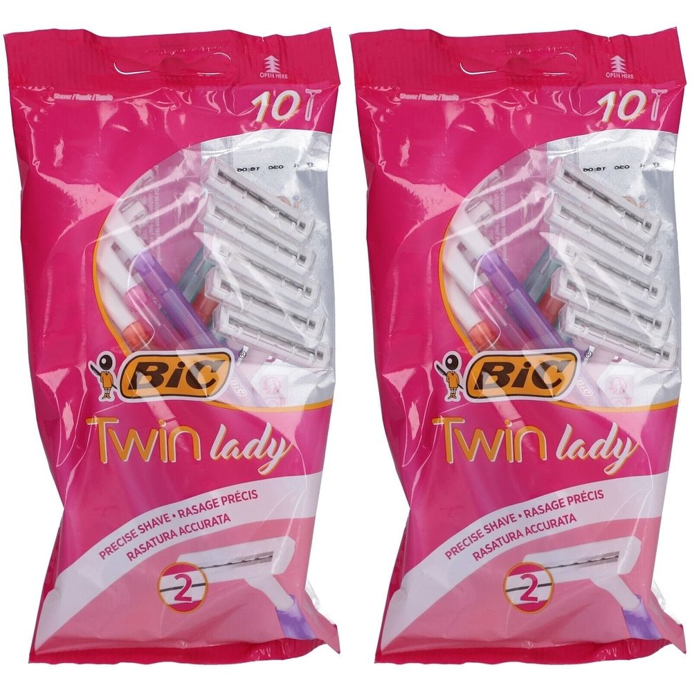 Zwei Packungen BiC® Twin Lady Einwegrasierer. Rosa Verpackung mit Produktname und Anzahl 10. Unten steht "2".