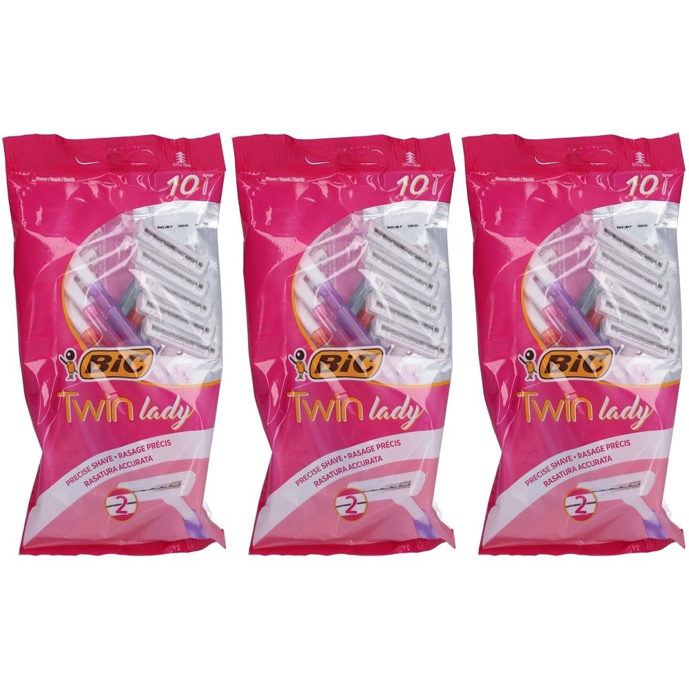 Drei Packungen BiC Twin Lady Einwegrasierer. Rosa Verpackung mit Rasierern. Aufschrift: Twin lady, Präzise Rasur.