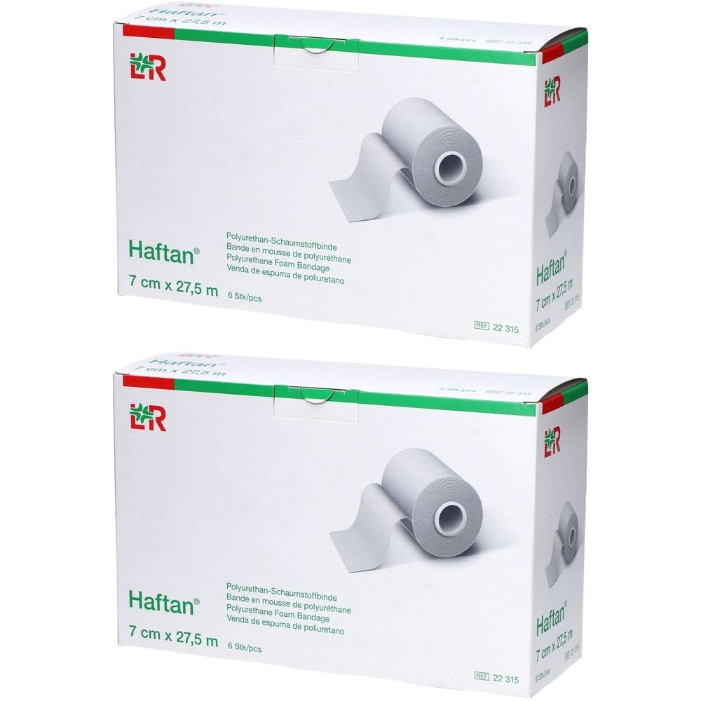 Zwei Kartons mit Haftan Polyurethanschaumstoffband. Aufdruck: 7 cm x 27,5 m. Bandrolle mit abgewickeltem Teil.