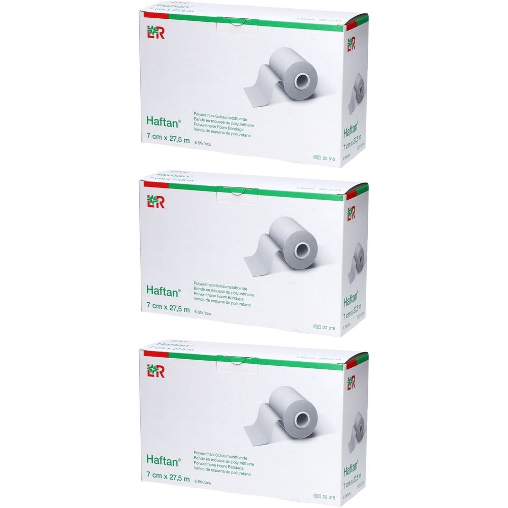 Drei Produktverpackungen. Auf jeder: Haftan, 7 cm x 27,5 m, Polyurethanschaumstoffband. Bandrolle und Verpackung abgebildet.