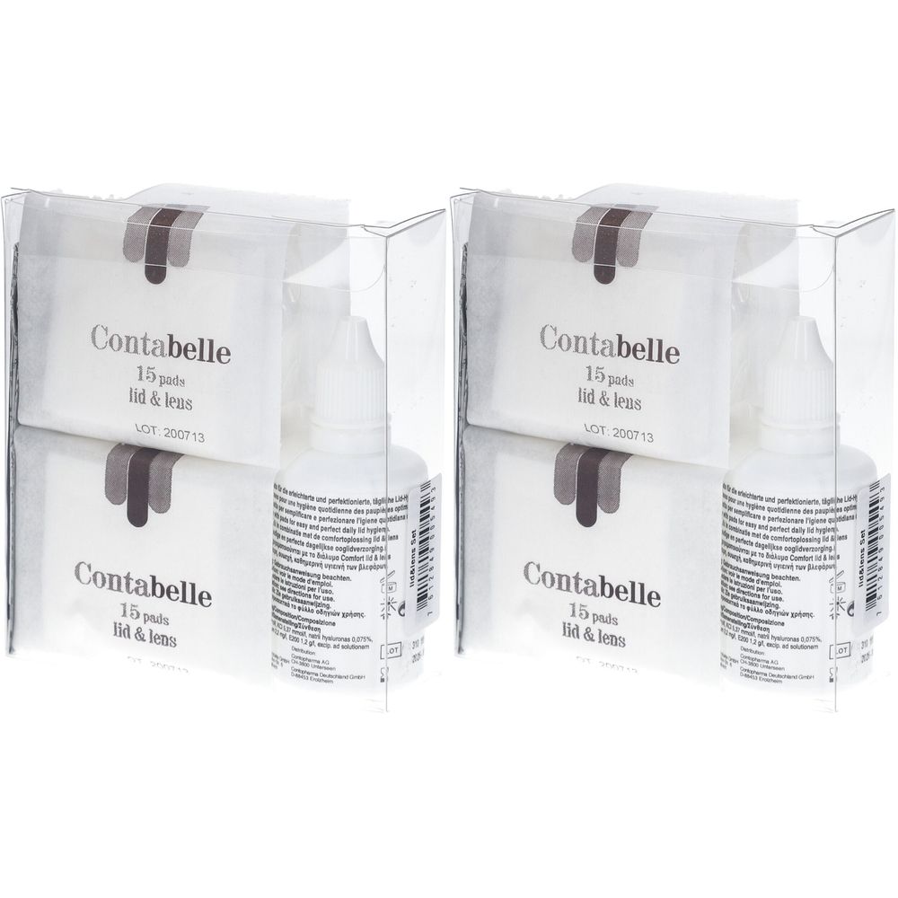 Deux emballages Contabelle. Chaque emballage contient des tampons et un flacon. Sur les tampons, il est écrit "Contabelle 15 pads lid & lens".
